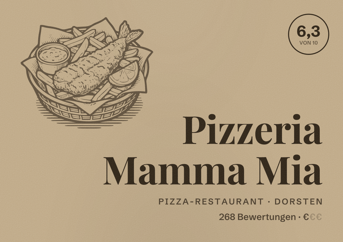 Illustriertes Poster von Pizzeria Mamma Mia, Pizza-Restaurant in Dorsten: Bewertung 6,3 von 10 aus 268 Bewertungen, Preisniveau €