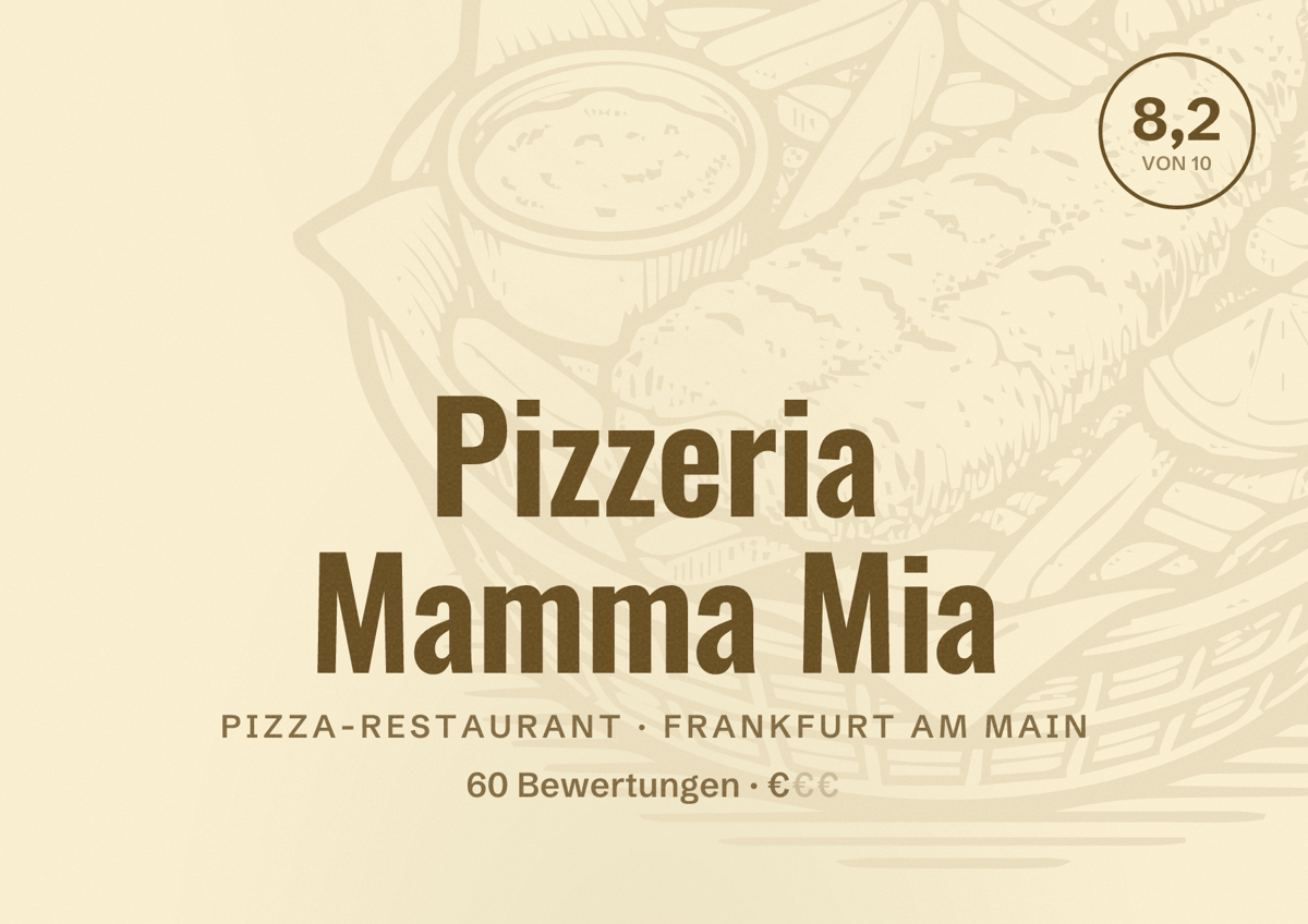 Illustriertes Poster von Pizzeria Mamma Mia, Pizza-Restaurant in Frankfurt am Main: Bewertung 8,2 von 10 aus 60 Bewertungen, Preisniveau €