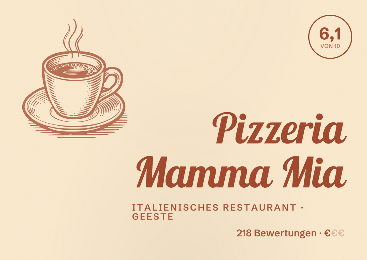 Illustriertes Poster von Pizzeria Mamma Mia, Italienisches Restaurant in Geeste: Bewertung 6,1 von 10 aus 218 Bewertungen, Preisniveau €