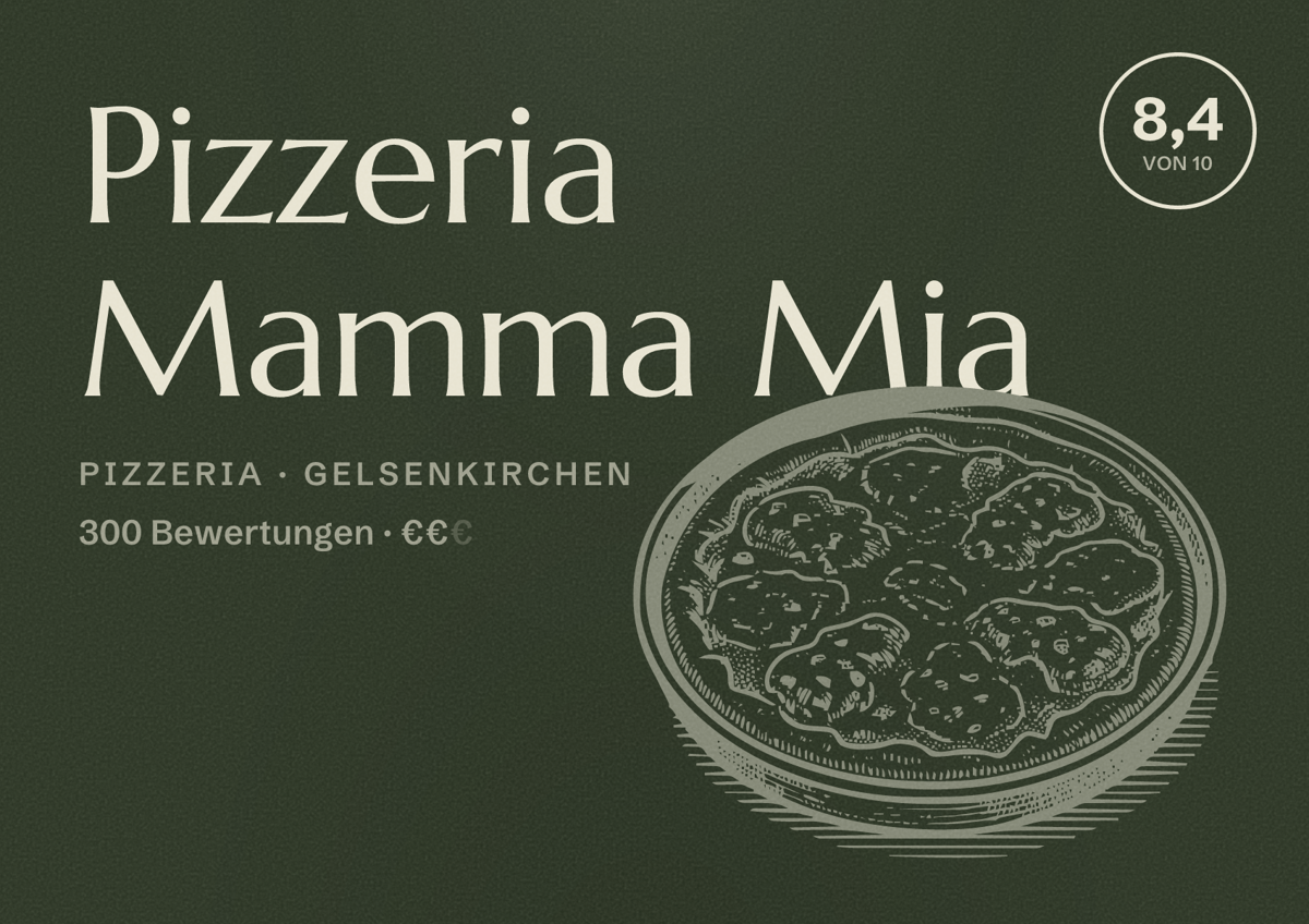 Illustriertes Poster von Pizzeria Mamma Mia, Pizzeria in Gelsenkirchen: Bewertung 8,4 von 10 aus 300 Bewertungen, Preisniveau €€