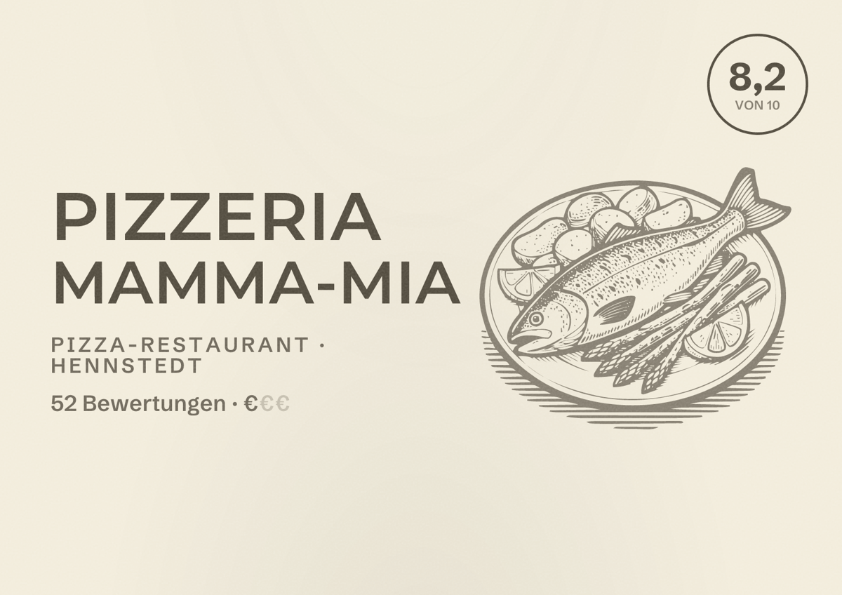 Illustriertes Poster von Pizzeria Mamma-mia, Pizza-Restaurant in Hennstedt: Bewertung 8,2 von 10 aus 52 Bewertungen, Preisniveau €