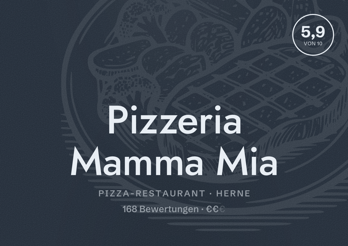 Illustriertes Poster von Pizzeria Mamma Mia, Pizza-Restaurant in Herne: Bewertung 5,9 von 10 aus 168 Bewertungen, Preisniveau €€