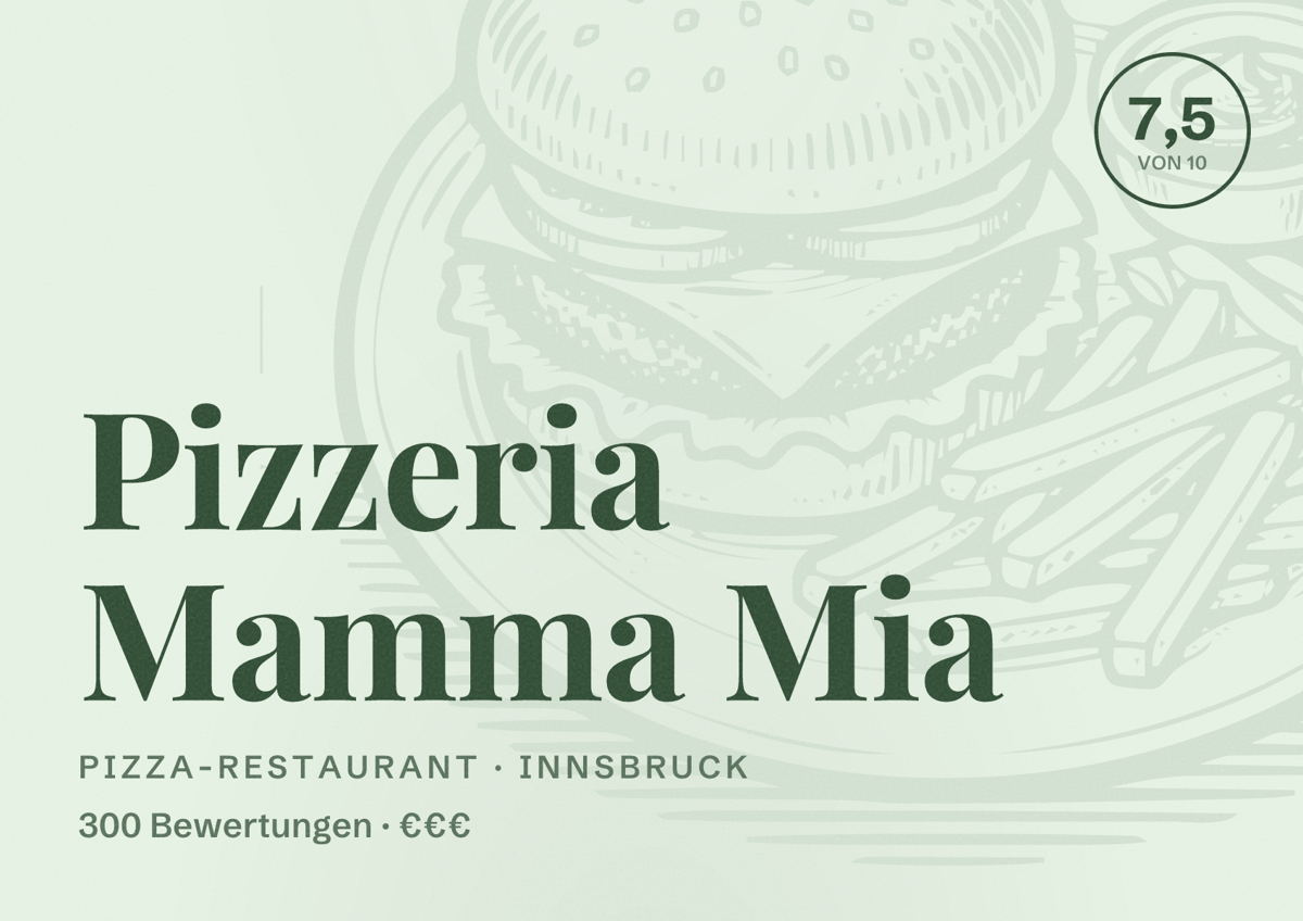 Illustriertes Poster von Pizzeria Mamma Mia, Pizza-Restaurant in Innsbruck: Bewertung 7,5 von 10 aus 300 Bewertungen, Preisniveau €€€