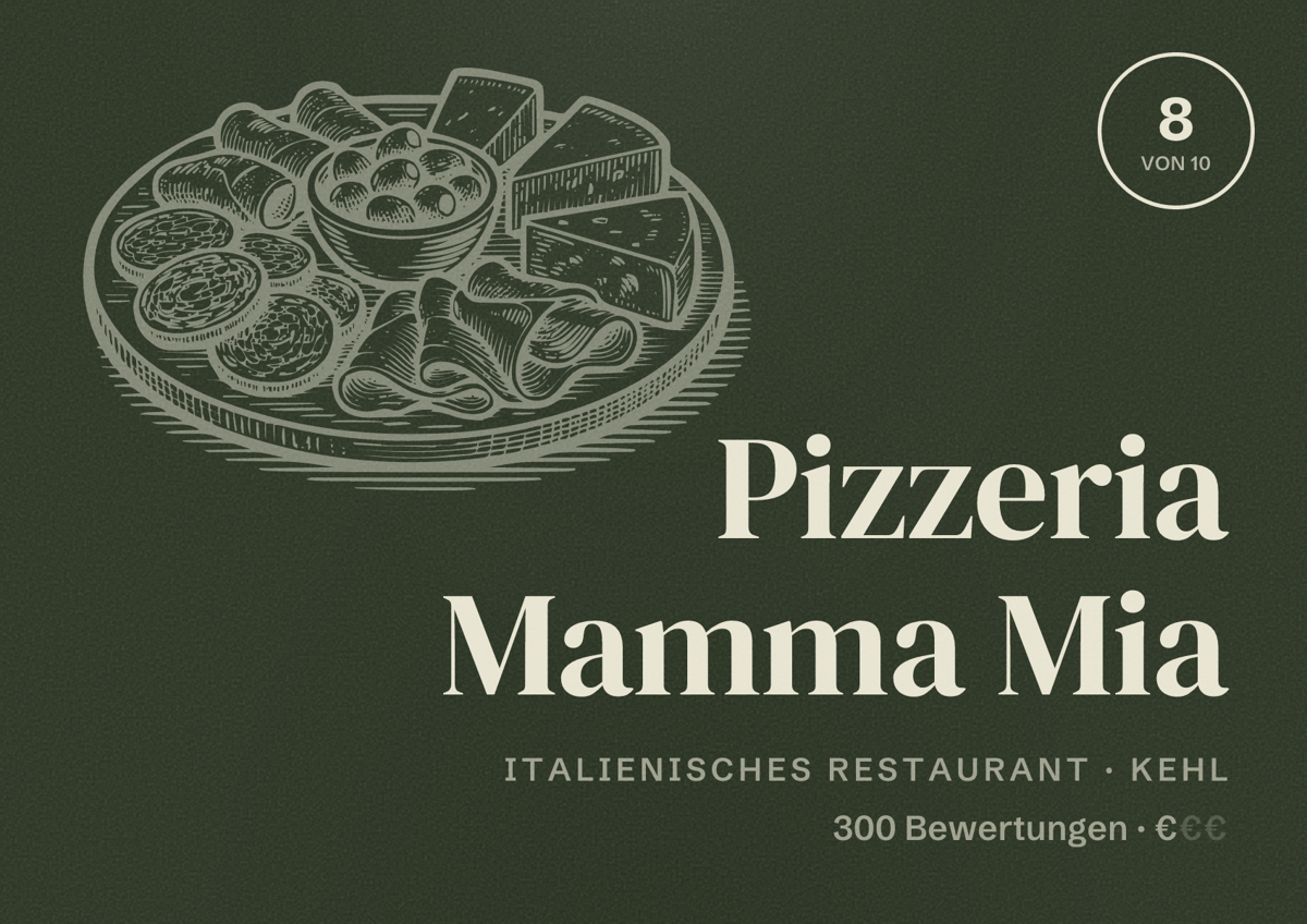 Illustriertes Poster von Pizzeria Mamma Mia, Italienisches Restaurant in Kehl: Bewertung 8 von 10 aus 300 Bewertungen, Preisniveau €