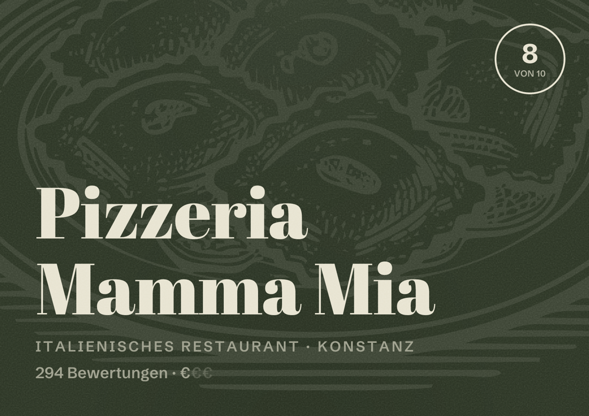 Illustriertes Poster von Pizzeria Mamma Mia, Italienisches Restaurant in Konstanz: Bewertung 8 von 10 aus 294 Bewertungen, Preisniveau €