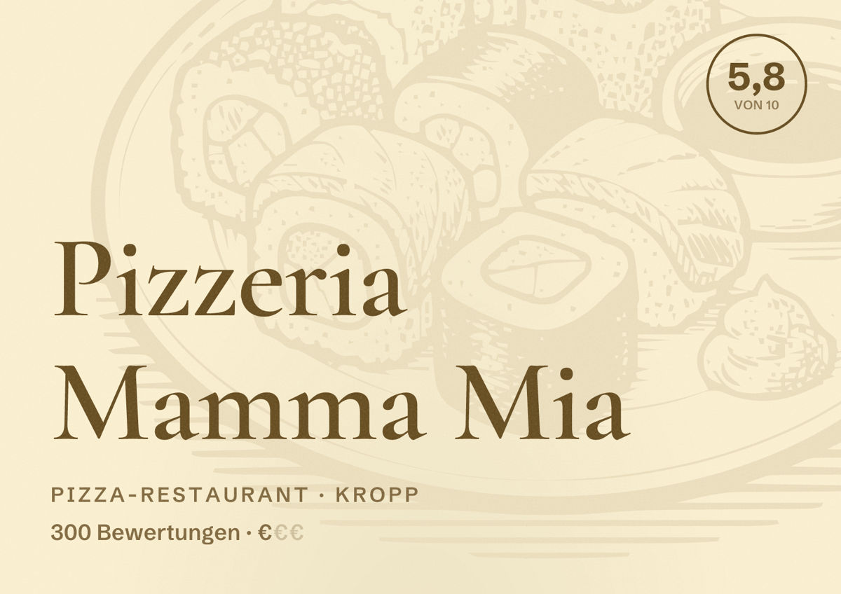 Illustriertes Poster von Pizzeria Mamma Mia, Pizza-Restaurant in Kropp: Bewertung 5,8 von 10 aus 300 Bewertungen, Preisniveau €