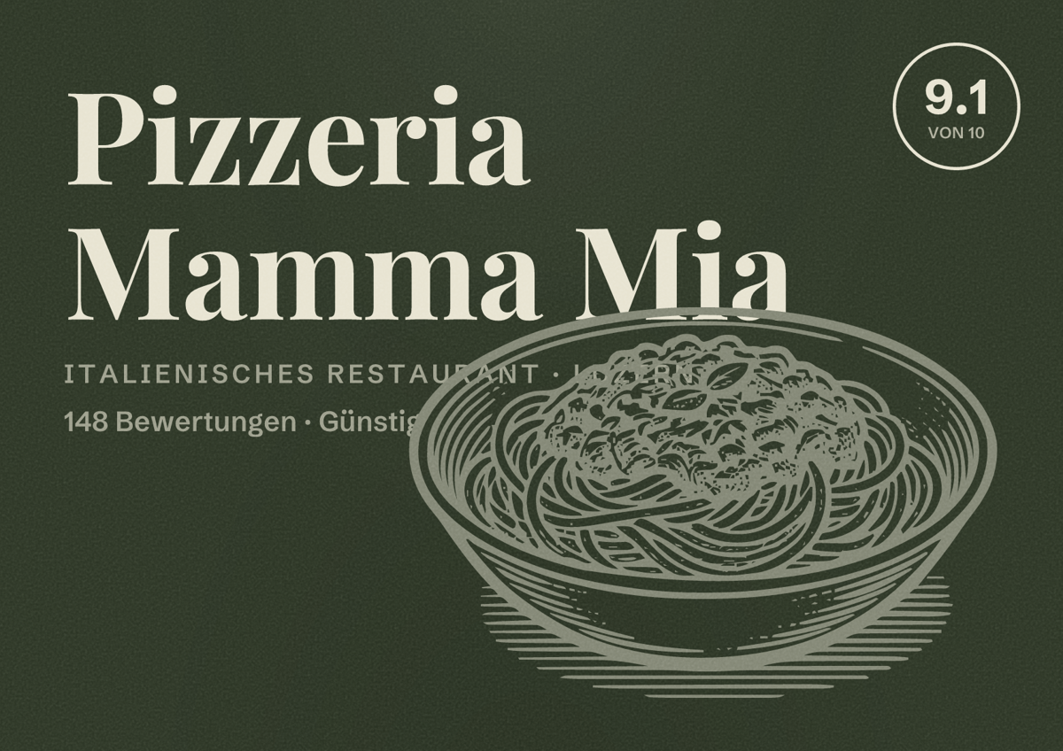 Illustriertes Poster von Pizzeria Mamma Mia, Italienisches Restaurant in Luzern: Bewertung 9.1 von 10 aus 148 Bewertungen, Preisniveau Günstig