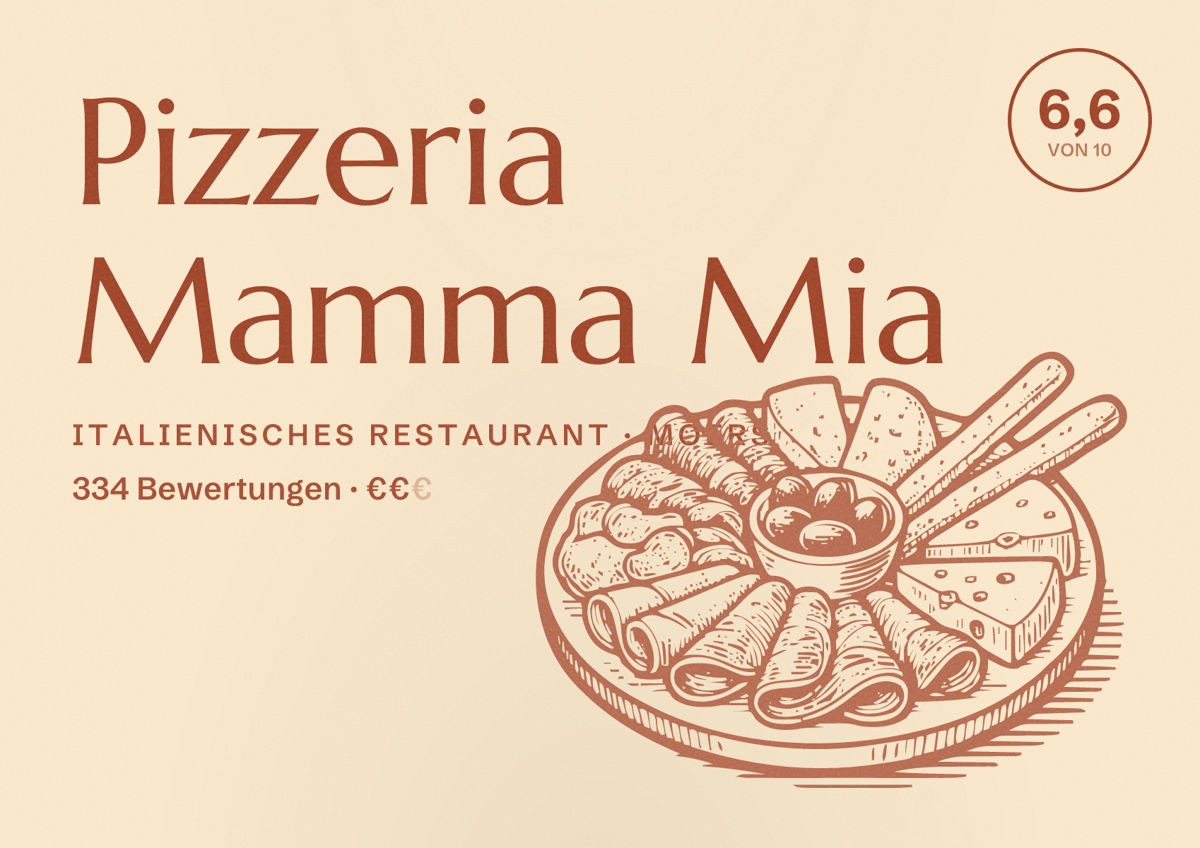 Illustriertes Poster von Pizzeria Mamma Mia, Italienisches Restaurant in Moers: Bewertung 6,6 von 10 aus 334 Bewertungen, Preisniveau €€