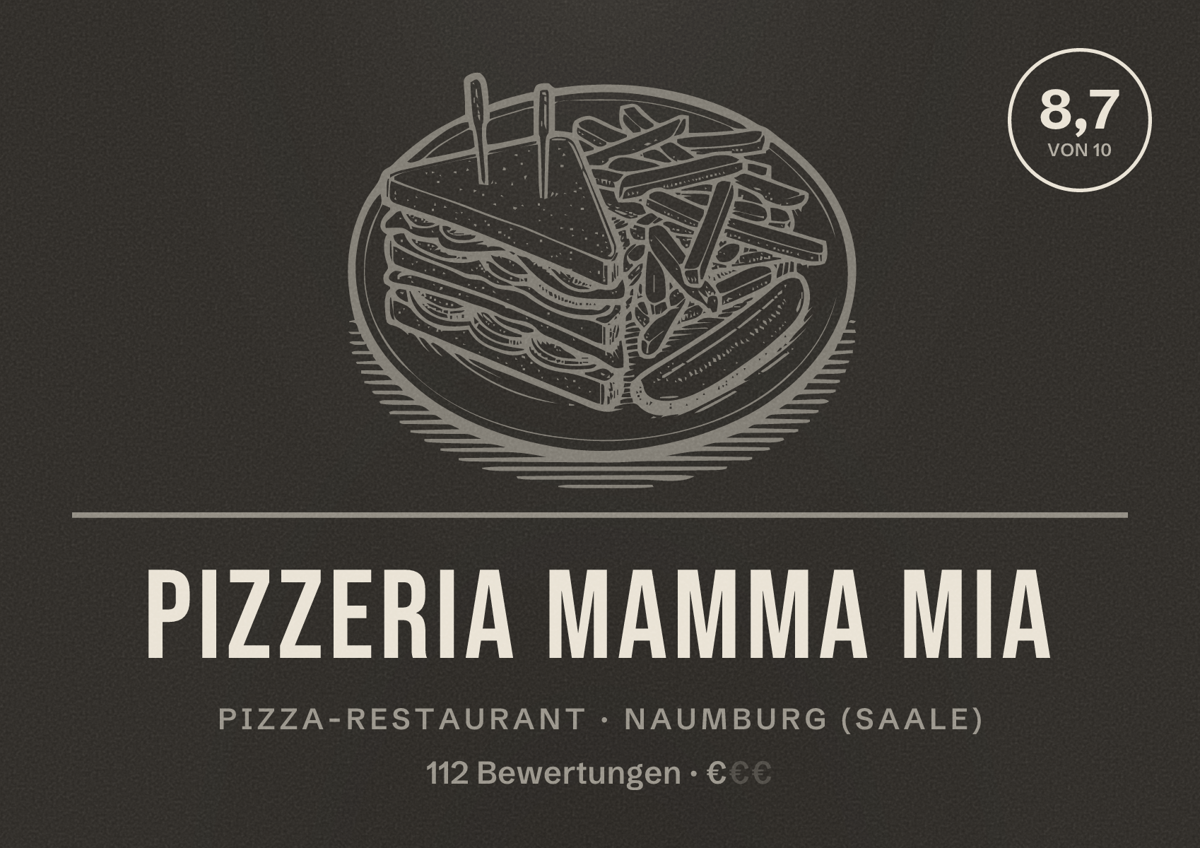 Illustriertes Poster von Pizzeria Mamma Mia, Pizza-Restaurant in Naumburg (Saale): Bewertung 8,7 von 10 aus 112 Bewertungen, Preisniveau €