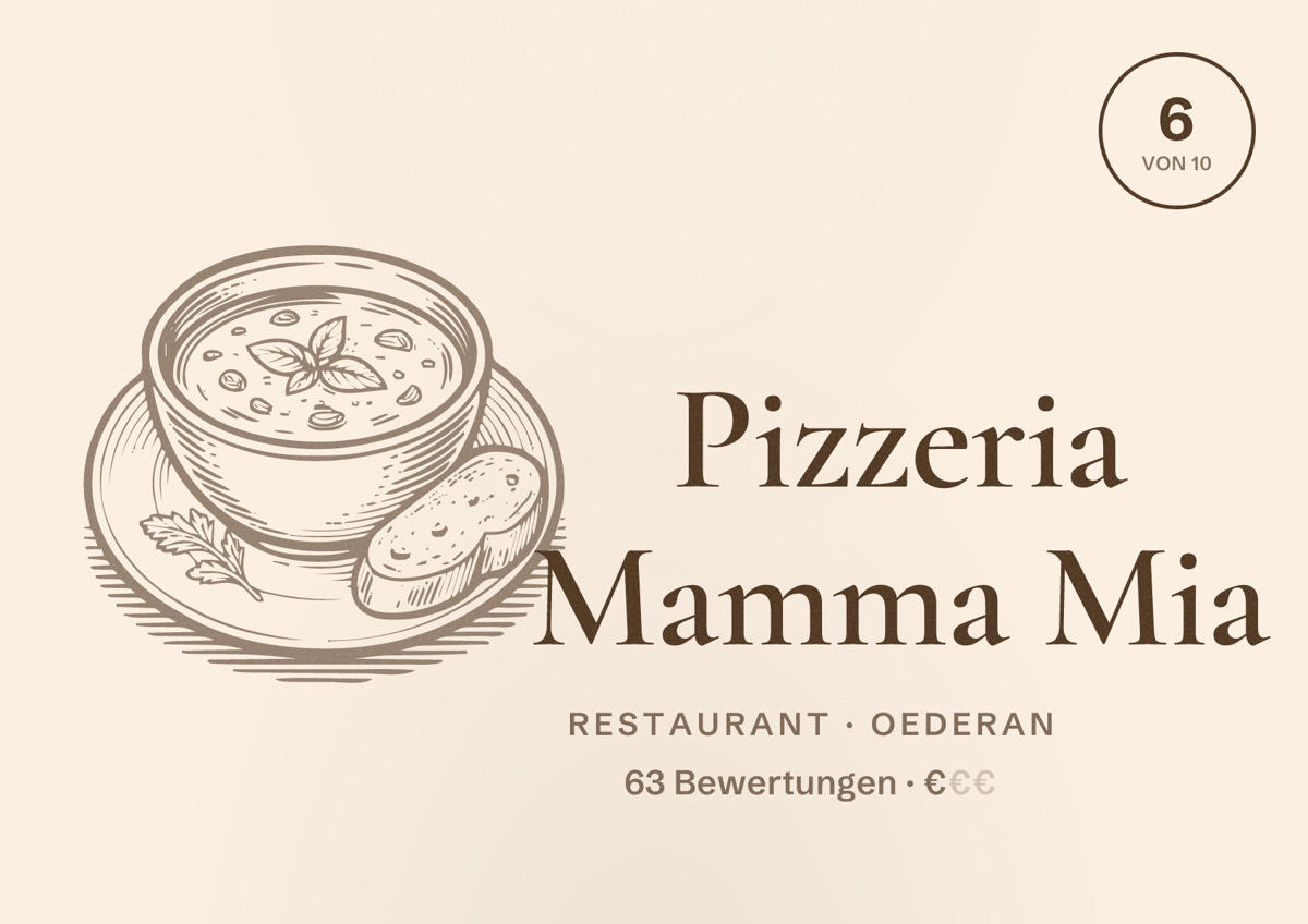 Illustriertes Poster von Pizzeria Mamma Mia, Restaurant in Oederan: Bewertung 6 von 10 aus 63 Bewertungen, Preisniveau €