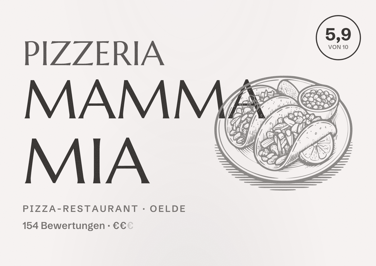 Illustriertes Poster von Pizzeria Mamma Mia, Pizza-Restaurant in Oelde: Bewertung 5,9 von 10 aus 154 Bewertungen, Preisniveau €€