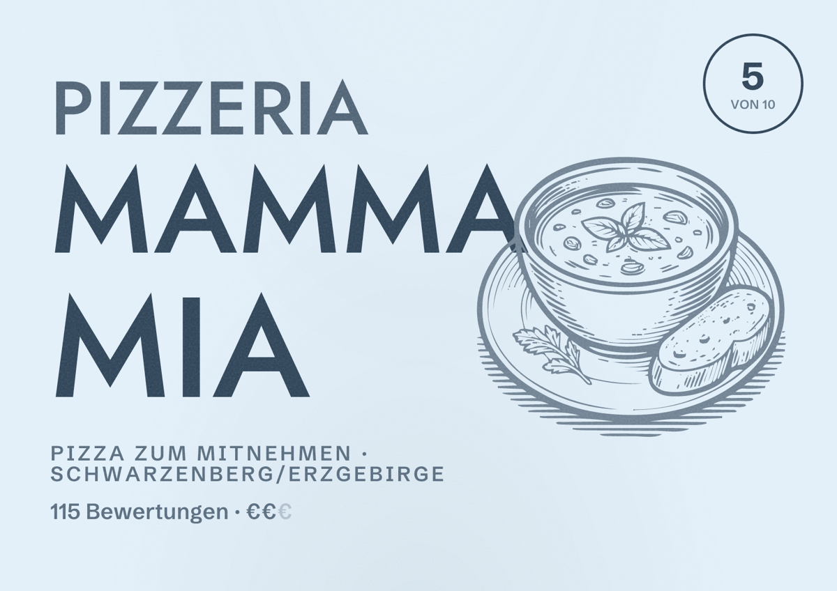 Illustriertes Poster von Pizzeria Mamma Mia, Pizza zum Mitnehmen in Schwarzenberg/Erzgebirge: Bewertung 5 von 10 aus 115 Bewertungen, Preisniveau €€