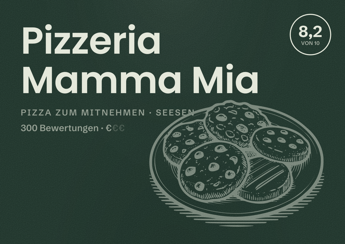 Illustriertes Poster von Pizzeria Mamma Mia, Pizza zum Mitnehmen in Seesen: Bewertung 8,2 von 10 aus 300 Bewertungen, Preisniveau €