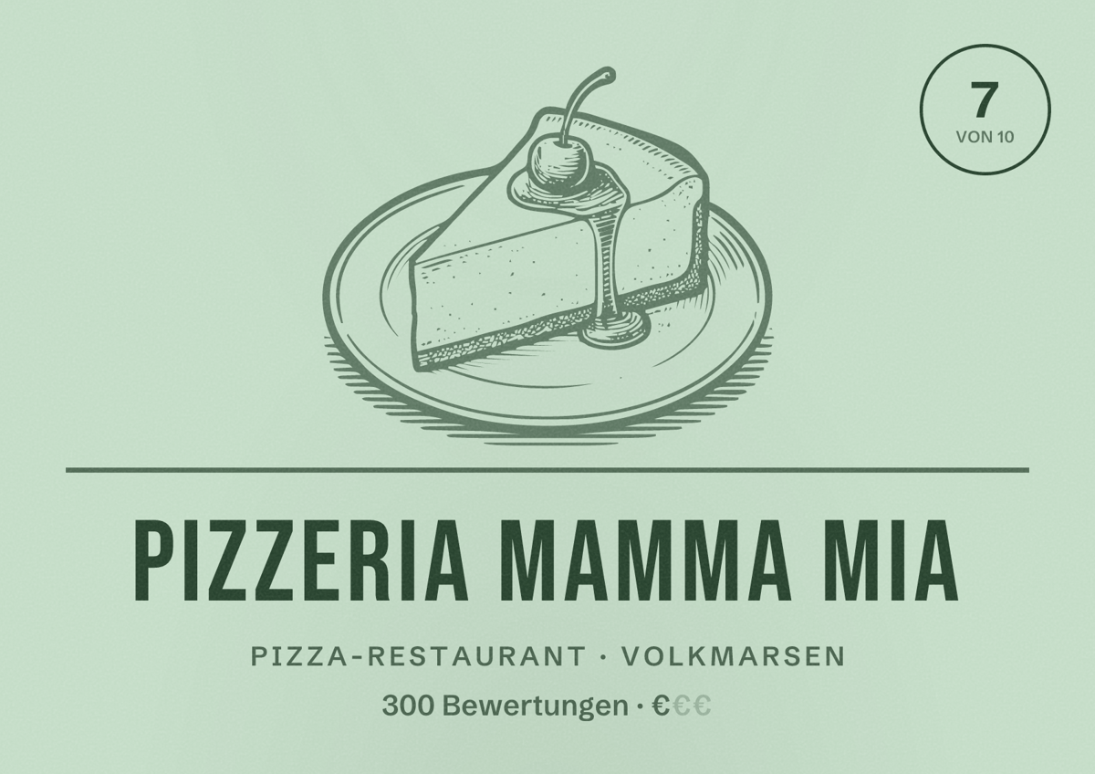 Illustriertes Poster von Pizzeria Mamma Mia, Pizza-Restaurant in Volkmarsen: Bewertung 7 von 10 aus 300 Bewertungen, Preisniveau €