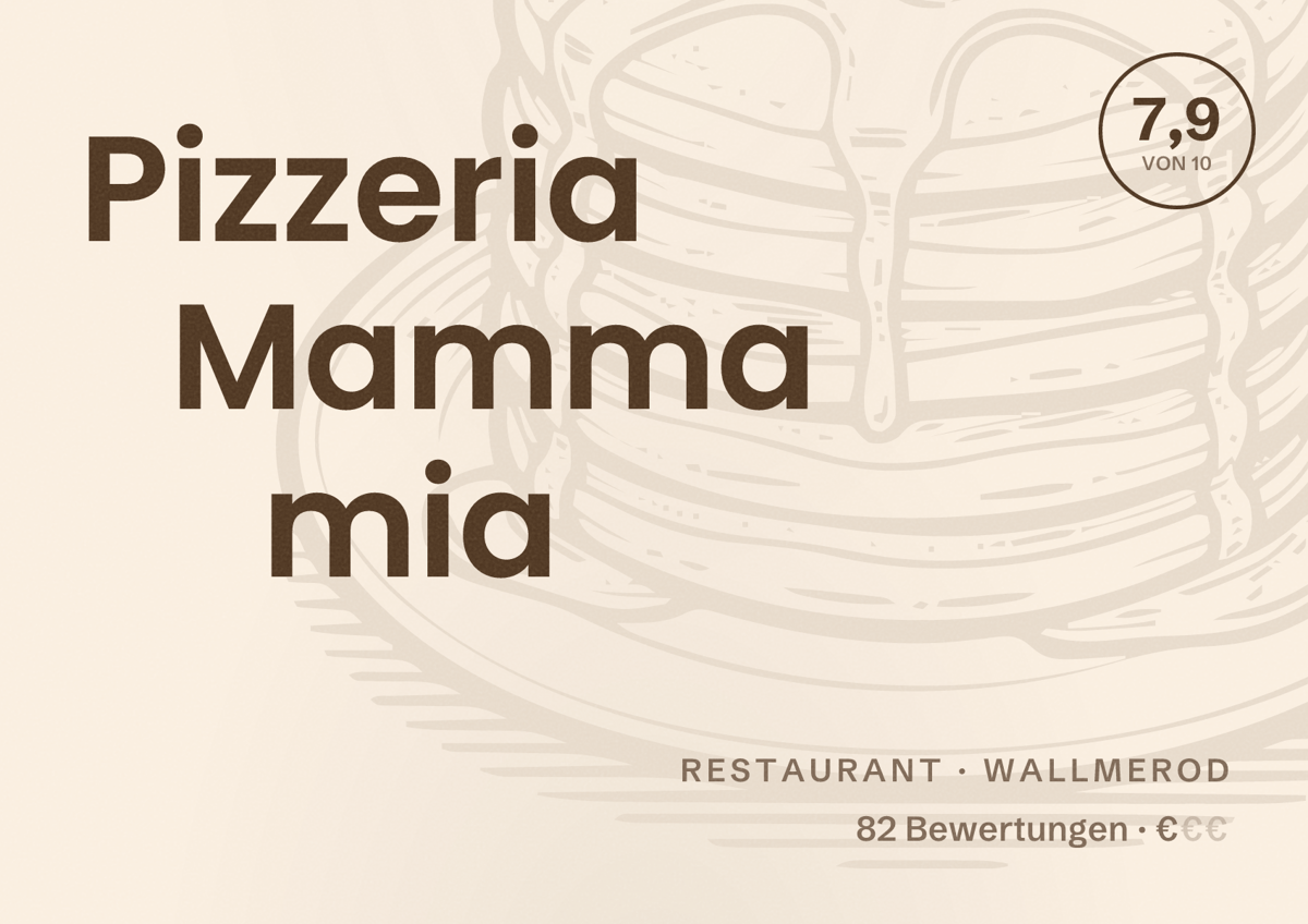 Illustriertes Poster von Pizzeria Mamma mia, Restaurant in Wallmerod: Bewertung 7,9 von 10 aus 82 Bewertungen, Preisniveau €