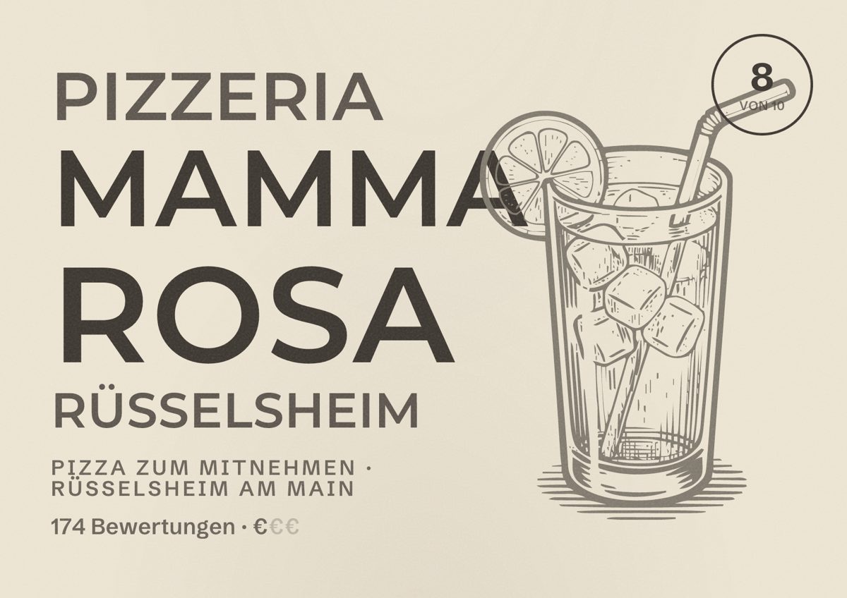 Illustriertes Poster von Pizzeria Mamma Rosa Rüsselsheim, Pizza zum Mitnehmen in Rüsselsheim am Main: Bewertung 8 von 10 aus 174 Bewertungen, Preisniveau €