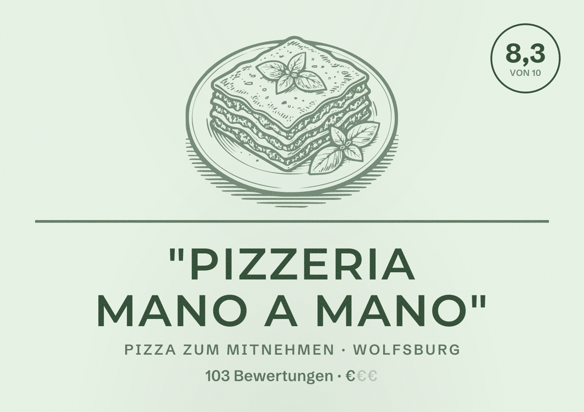 Illustriertes Poster von "Pizzeria Mano A Mano", Pizza zum Mitnehmen in Wolfsburg: Bewertung 8,3 von 10 aus 103 Bewertungen, Preisniveau €