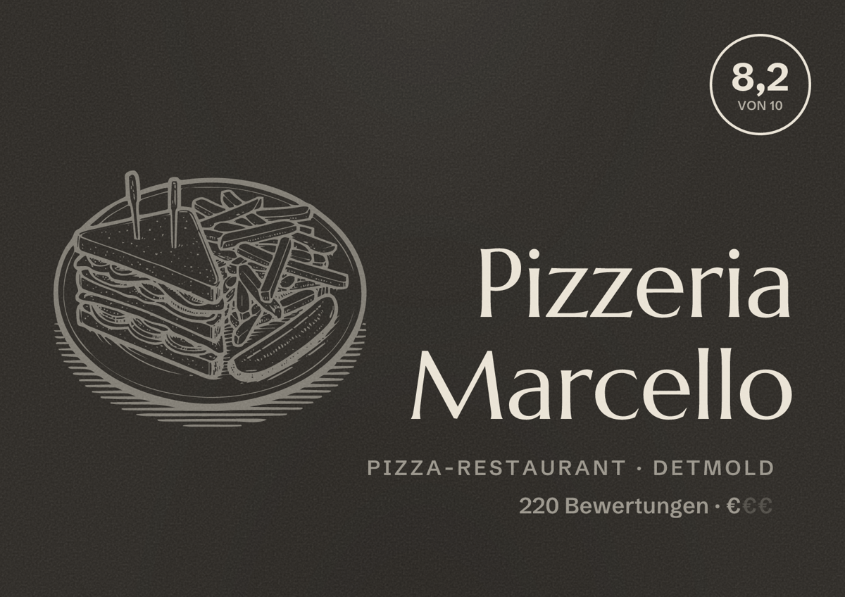 Illustriertes Poster von Pizzeria Marcello, Pizza-Restaurant in Detmold: Bewertung 8,2 von 10 aus 220 Bewertungen, Preisniveau €