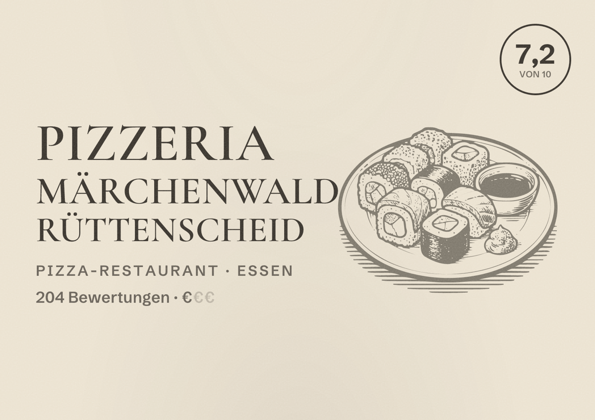 Illustriertes Poster von Pizzeria Märchenwald Rüttenscheid, Pizza-Restaurant in Essen: Bewertung 7,2 von 10 aus 204 Bewertungen, Preisniveau €