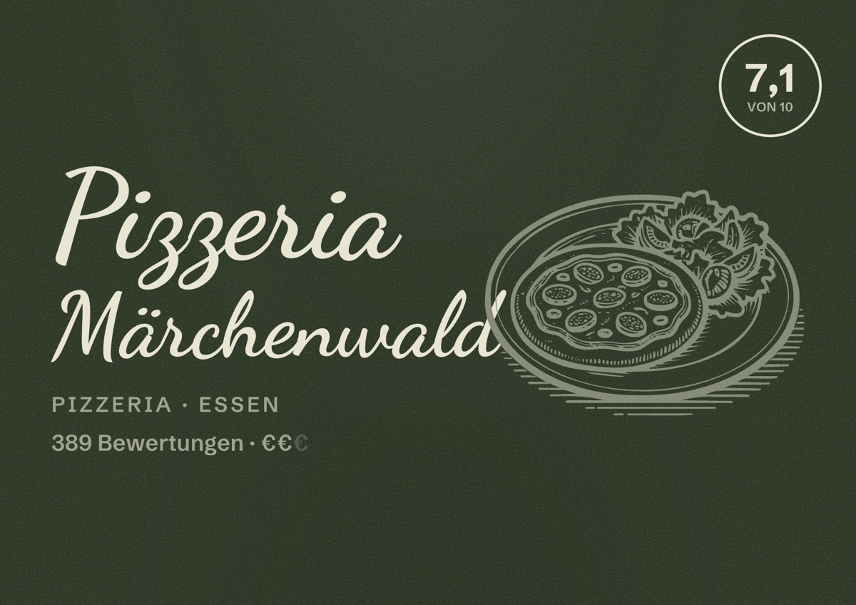 Illustriertes Poster von Pizzeria Märchenwald, Pizzeria in Essen: Bewertung 7,1 von 10 aus 389 Bewertungen, Preisniveau €€