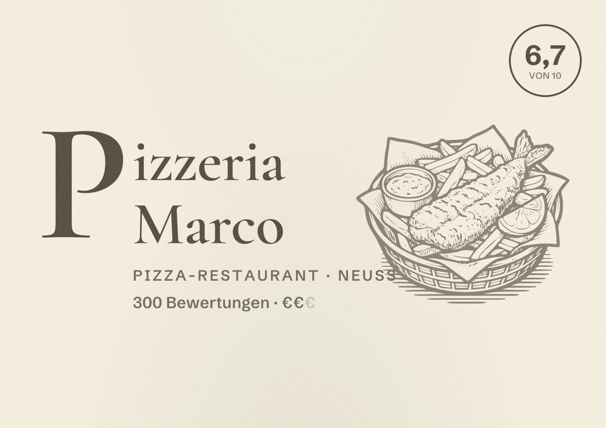 Illustriertes Poster von Pizzeria Marco, Pizza-Restaurant in Neuss: Bewertung 6,7 von 10 aus 300 Bewertungen, Preisniveau €€