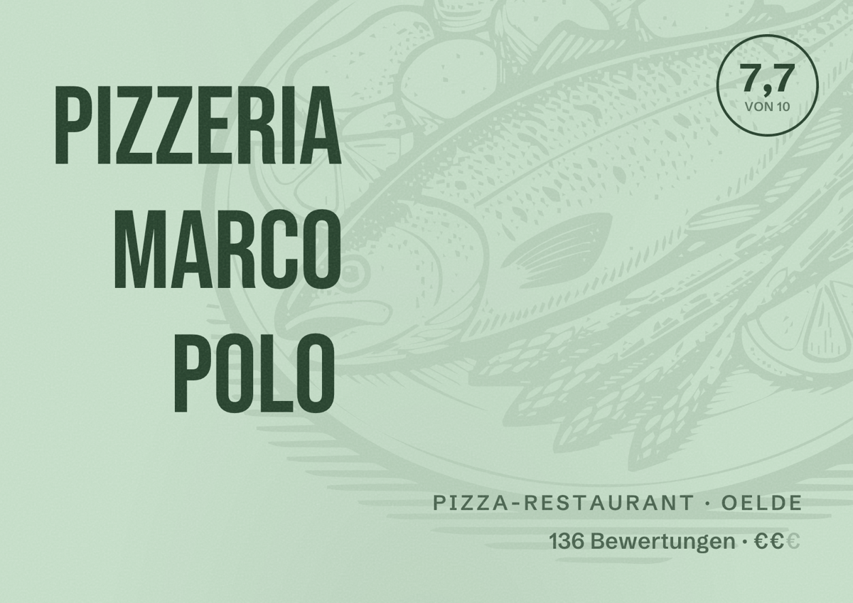Illustriertes Poster von Pizzeria Marco Polo, Pizza-Restaurant in Oelde: Bewertung 7,7 von 10 aus 136 Bewertungen, Preisniveau €€