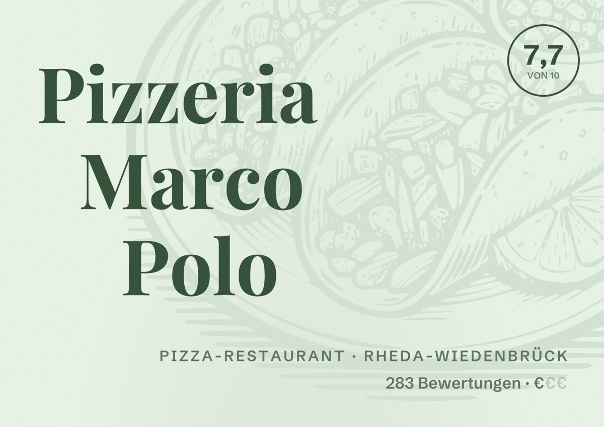 Illustriertes Poster von Pizzeria Marco Polo, Pizza-Restaurant in Rheda-Wiedenbrück: Bewertung 7,7 von 10 aus 283 Bewertungen, Preisniveau €