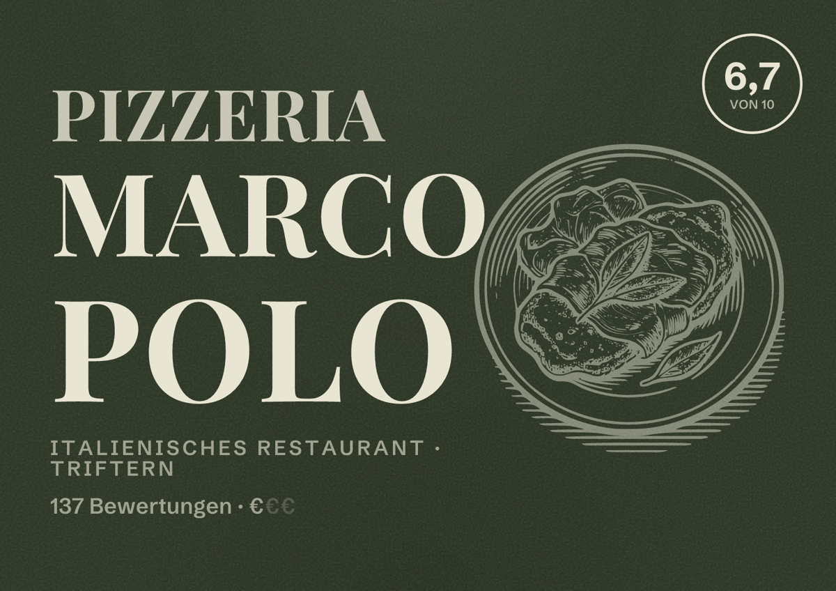 Illustriertes Poster von Pizzeria Marco Polo, Italienisches Restaurant in Triftern: Bewertung 6,7 von 10 aus 137 Bewertungen, Preisniveau €