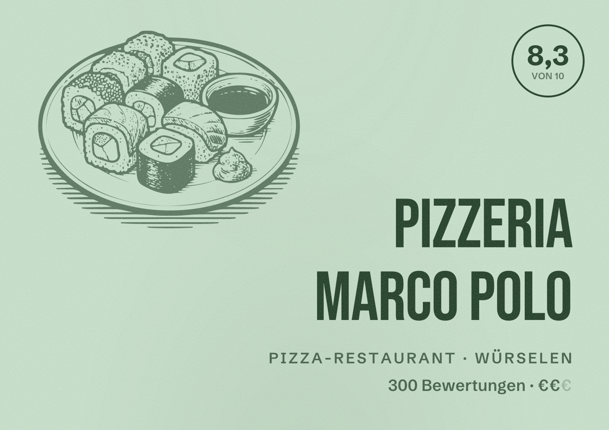 Illustriertes Poster von Pizzeria Marco Polo, Pizza-Restaurant in Würselen: Bewertung 8,3 von 10 aus 300 Bewertungen, Preisniveau €€