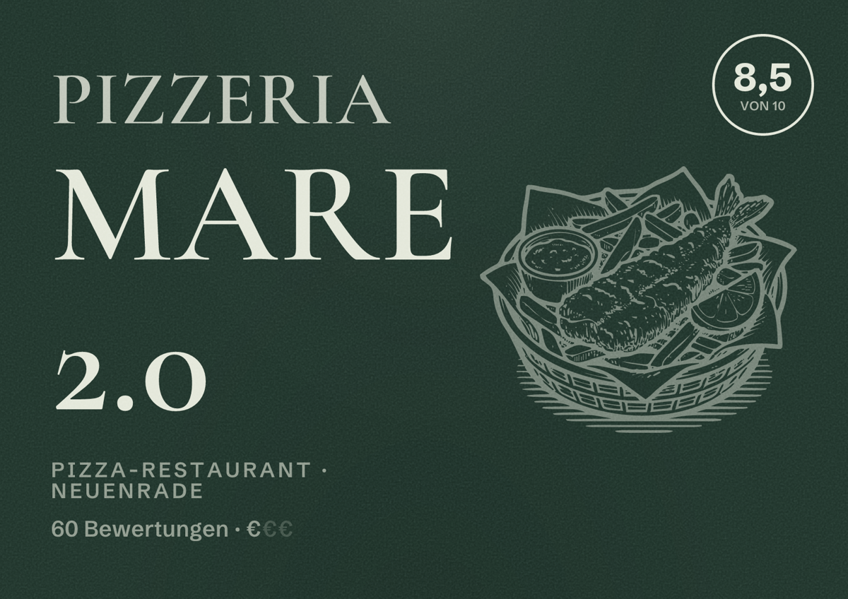 Illustriertes Poster von Pizzeria Mare 2.0, Pizza-Restaurant in Neuenrade: Bewertung 8,5 von 10 aus 60 Bewertungen, Preisniveau €