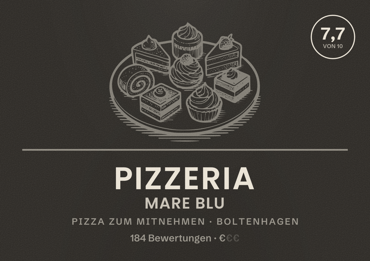 Illustriertes Poster von Pizzeria Mare Blu, Pizza zum Mitnehmen in Boltenhagen: Bewertung 7,7 von 10 aus 184 Bewertungen, Preisniveau €