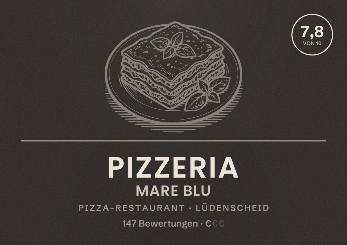 Illustriertes Poster von Pizzeria Mare Blu, Pizza-Restaurant in Lüdenscheid: Bewertung 7,8 von 10 aus 147 Bewertungen, Preisniveau €