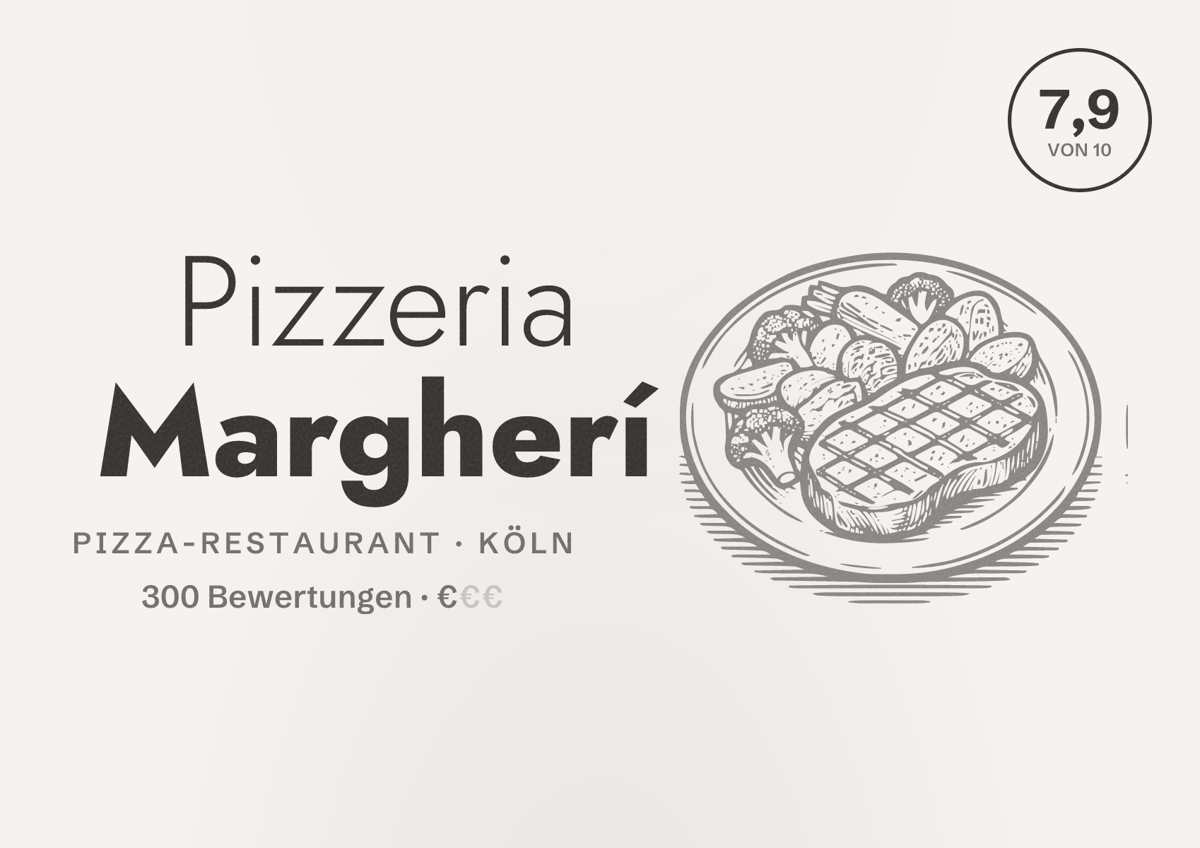 Illustriertes Poster von Pizzeria Margherí, Pizza-Restaurant in Köln: Bewertung 7,9 von 10 aus 300 Bewertungen, Preisniveau €