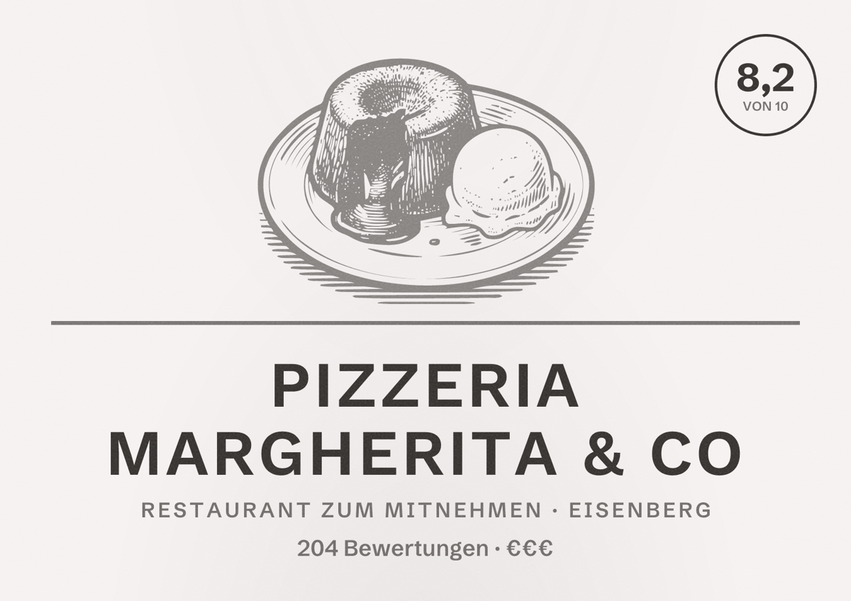 Illustriertes Poster von Pizzeria Margherita & Co, Restaurant zum Mitnehmen in Eisenberg: Bewertung 8,2 von 10 aus 204 Bewertungen, Preisniveau €€€
