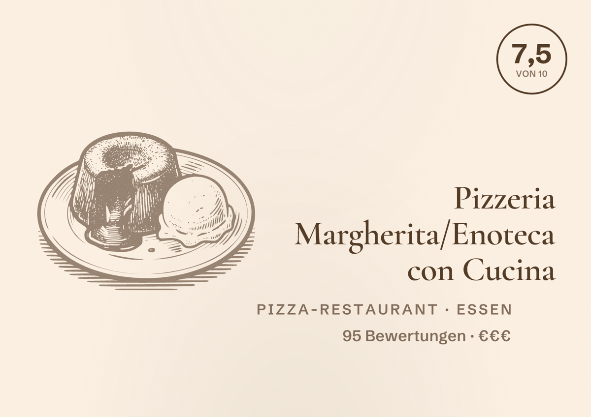 Illustriertes Poster von Pizzeria Margherita/Enoteca con Cucina, Pizza-Restaurant in Essen: Bewertung 7,5 von 10 aus 95 Bewertungen, Preisniveau €€€