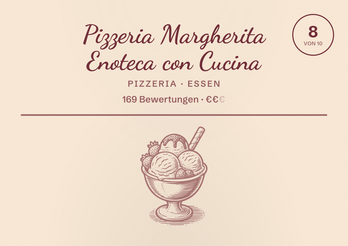 Illustriertes Poster von Pizzeria Margherita Enoteca con Cucina, Pizzeria in Essen: Bewertung 8 von 10 aus 169 Bewertungen, Preisniveau €€