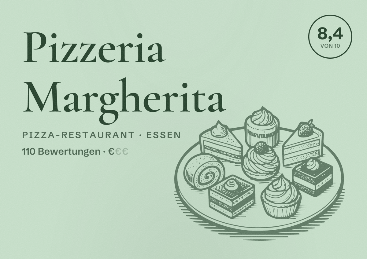 Illustriertes Poster von Pizzeria Margherita, Pizza-Restaurant in Essen: Bewertung 8,4 von 10 aus 110 Bewertungen, Preisniveau €