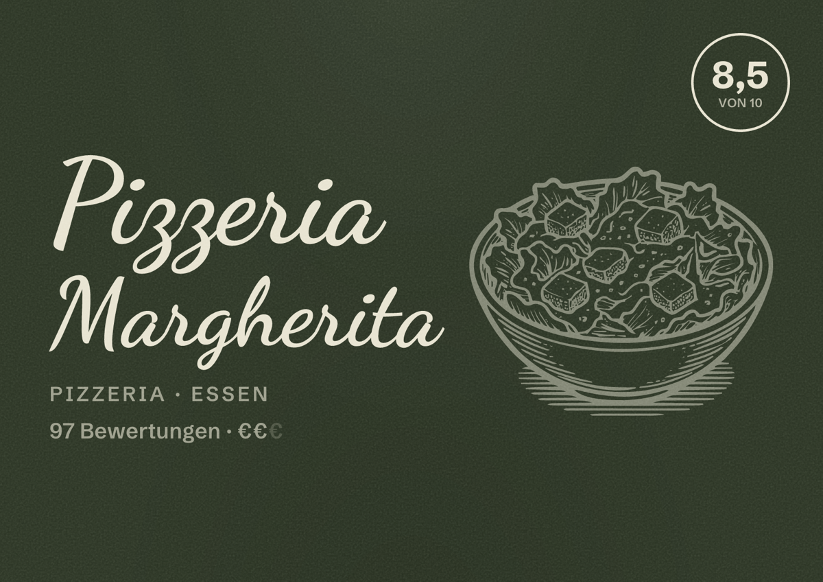 Illustriertes Poster von Pizzeria Margherita, Pizzeria in Essen: Bewertung 8,5 von 10 aus 97 Bewertungen, Preisniveau €€
