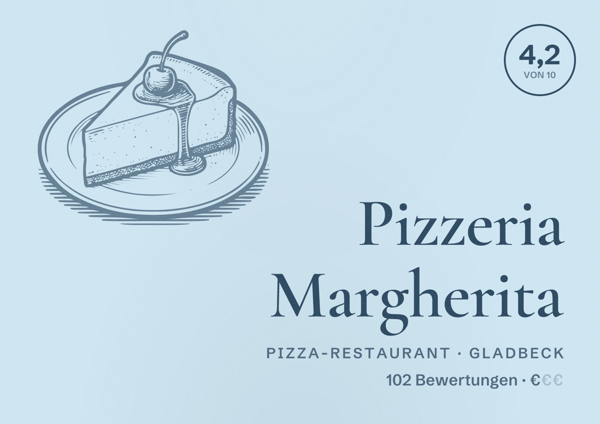 Illustriertes Poster von Pizzeria Margherita, Pizza-Restaurant in Gladbeck: Bewertung 4,2 von 10 aus 102 Bewertungen, Preisniveau €