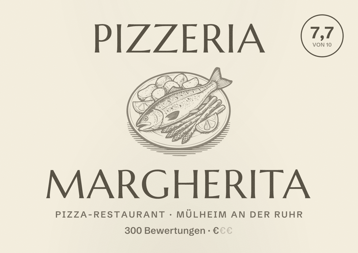Illustriertes Poster von Pizzeria Margherita, Pizza-Restaurant in Mülheim an der Ruhr: Bewertung 7,7 von 10 aus 300 Bewertungen, Preisniveau €