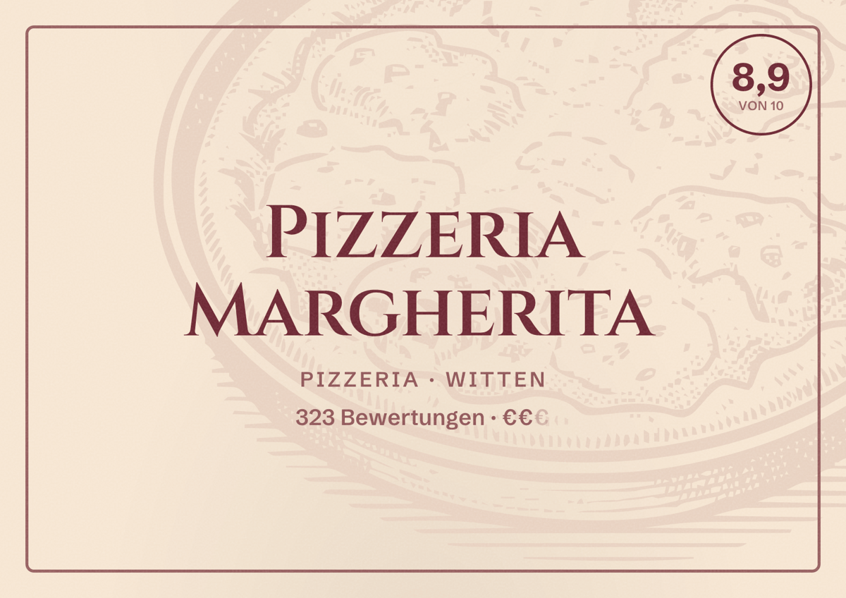 Illustriertes Poster von Pizzeria Margherita, Pizzeria in Witten: Bewertung 8,9 von 10 aus 323 Bewertungen, Preisniveau €€