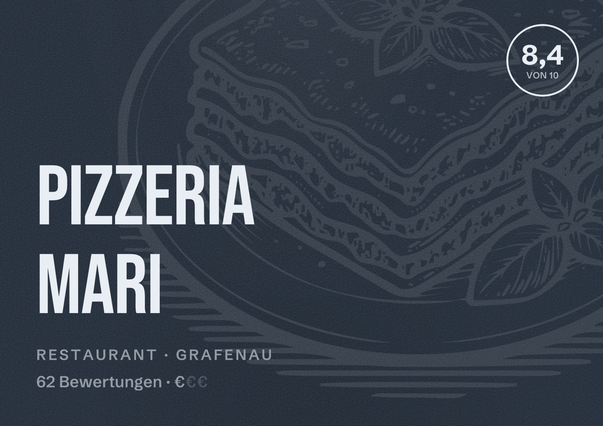 Illustriertes Poster von Pizzeria Mari, Restaurant in Grafenau: Bewertung 8,4 von 10 aus 62 Bewertungen, Preisniveau €