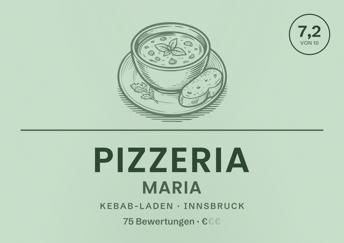 Illustriertes Poster von Pizzeria Maria, Kebab-Laden in Innsbruck: Bewertung 7,2 von 10 aus 75 Bewertungen, Preisniveau €