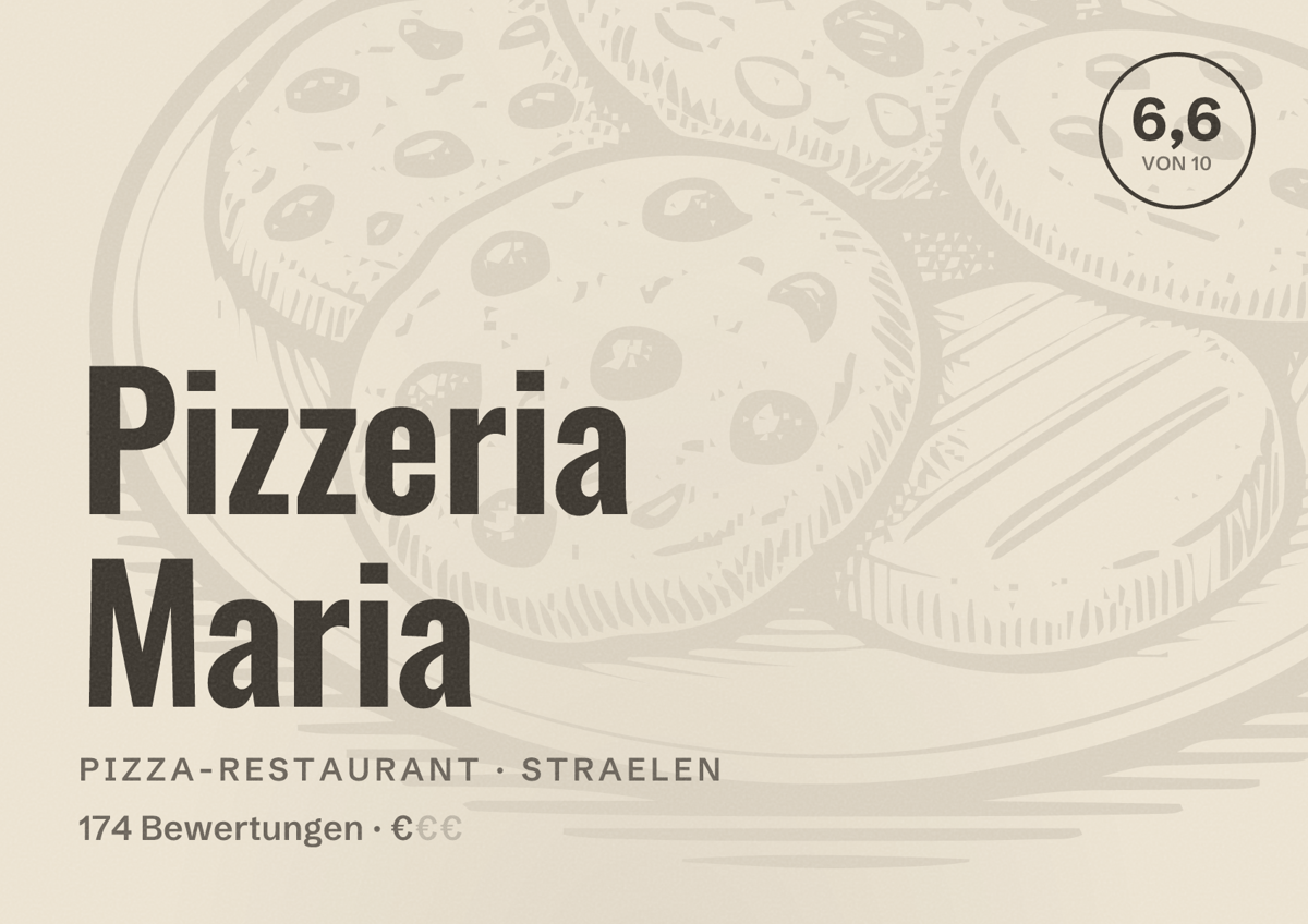 Illustriertes Poster von Pizzeria Maria, Pizza-Restaurant in Straelen: Bewertung 6,6 von 10 aus 174 Bewertungen, Preisniveau €