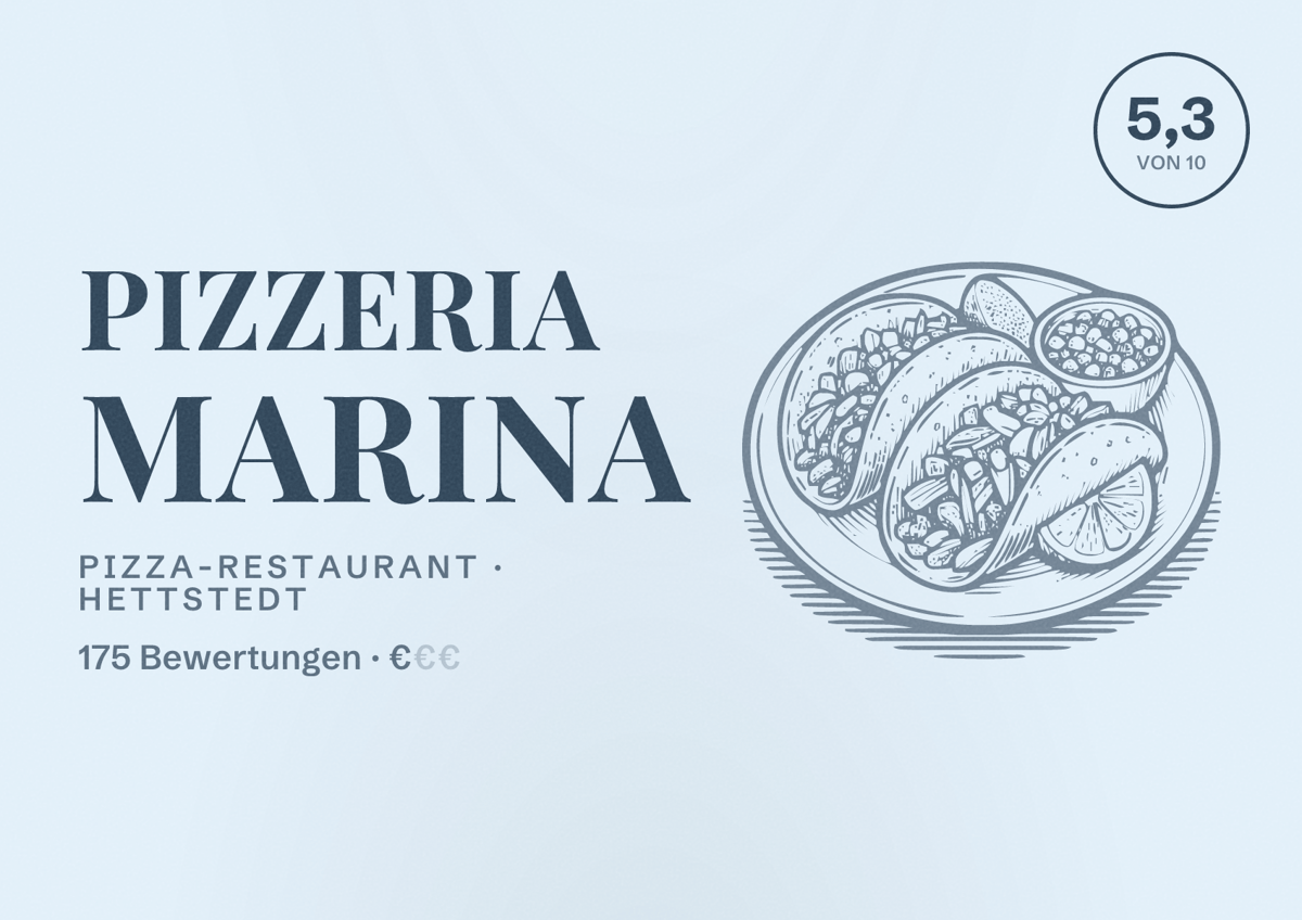 Illustriertes Poster von Pizzeria Marina, Pizza-Restaurant in Hettstedt: Bewertung 5,3 von 10 aus 175 Bewertungen, Preisniveau €