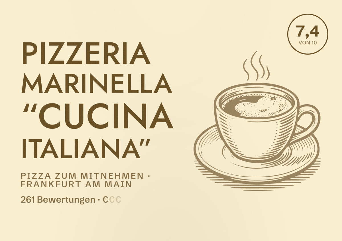 Illustriertes Poster von Pizzeria Marinella “cucina italiana”, Pizza zum Mitnehmen in Frankfurt am Main: Bewertung 7,4 von 10 aus 261 Bewertungen, Preisniveau €