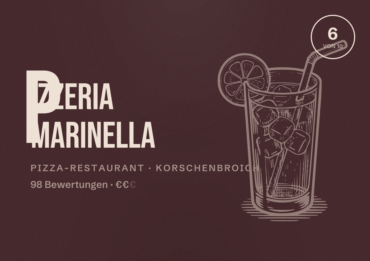 Illustriertes Poster von Pizzeria Marinella, Pizza-Restaurant in Korschenbroich: Bewertung 6 von 10 aus 98 Bewertungen, Preisniveau €€
