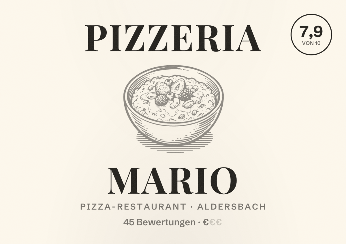 Illustriertes Poster von PIZZERIA MARIO, Pizza-Restaurant in Aldersbach: Bewertung 7,9 von 10 aus 45 Bewertungen, Preisniveau €