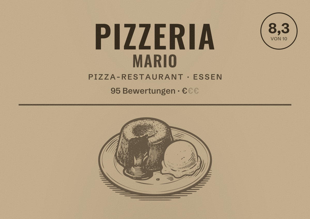 Illustriertes Poster von Pizzeria Mario, Pizza-Restaurant in Essen: Bewertung 8,3 von 10 aus 95 Bewertungen, Preisniveau €