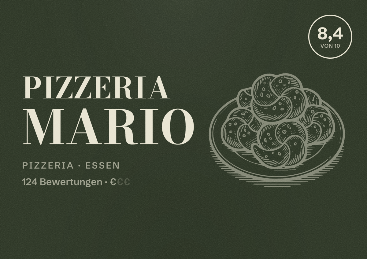 Illustriertes Poster von Pizzeria Mario, Pizzeria in Essen: Bewertung 8,4 von 10 aus 124 Bewertungen, Preisniveau €